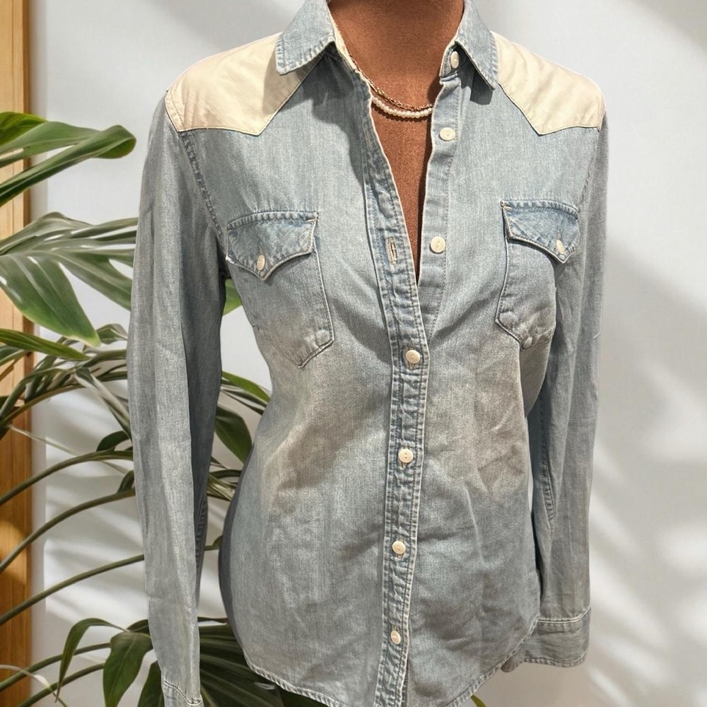 Vintage Women’s Denim Western Shirt with Cream Accents